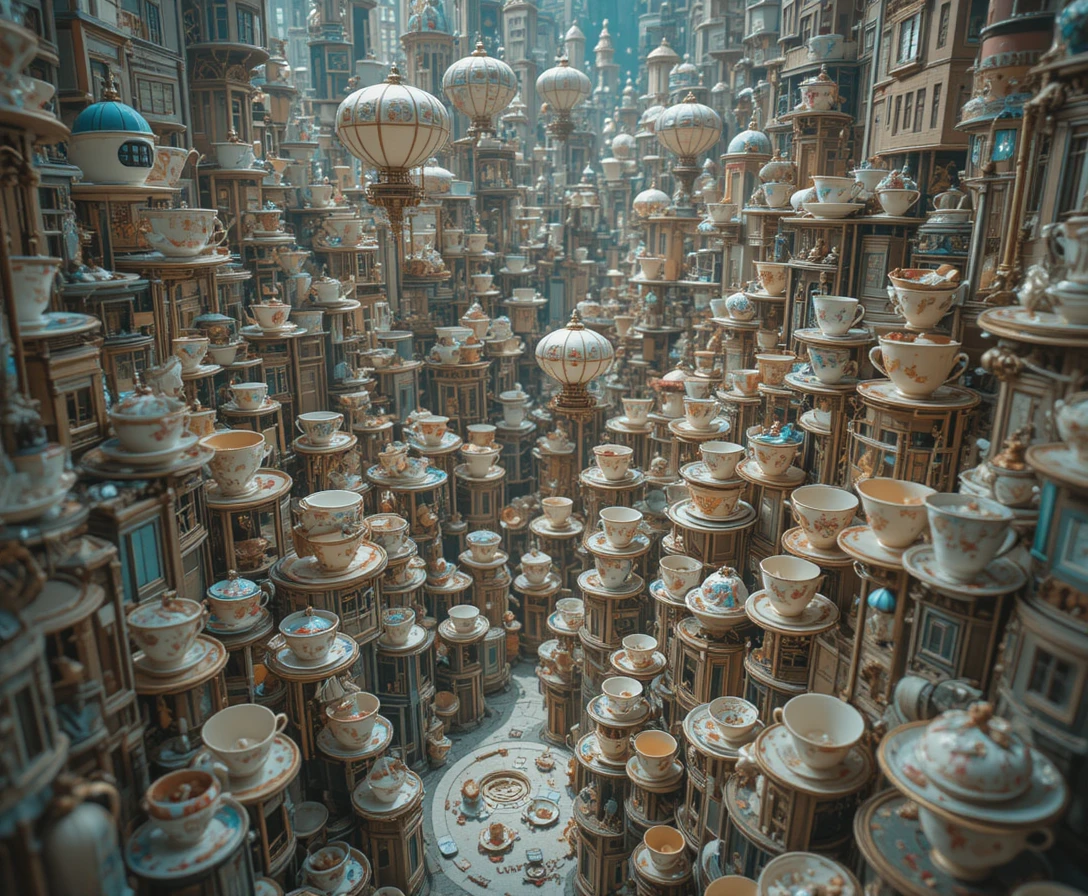 Surreal teacup cityscape with floating dirigibles at low angle