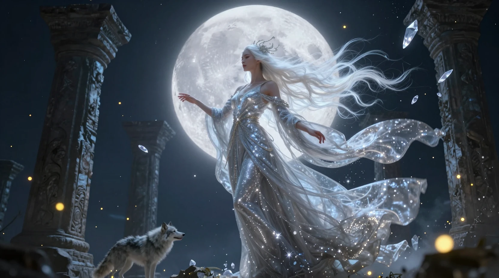 Ethereal moon goddess descending over ancient moonlit ruins
