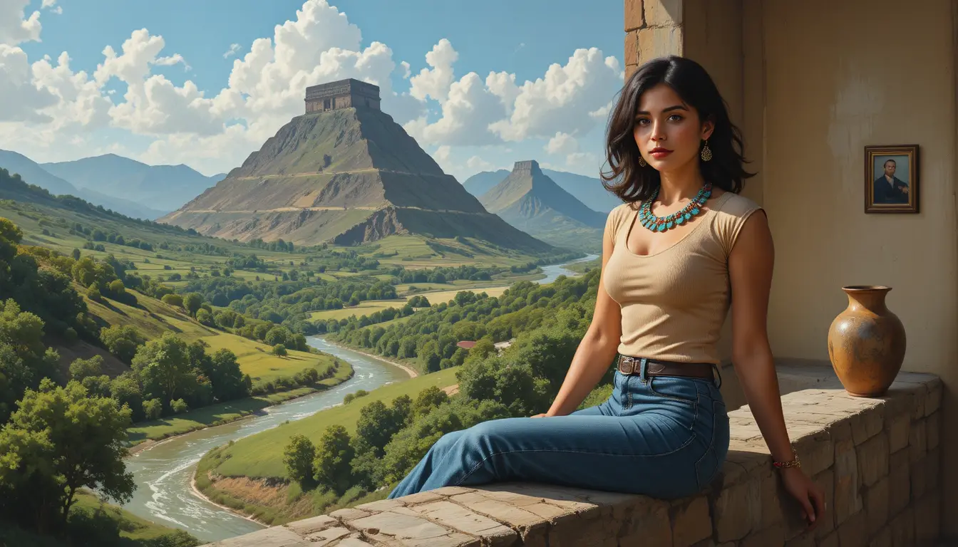 Young woman on stone wall above lush river valley