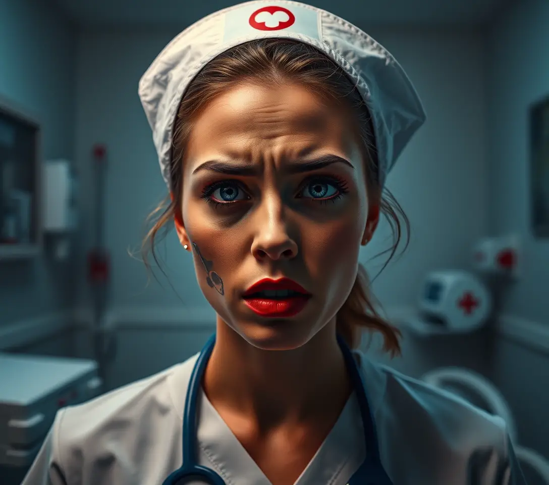 Popsurreal nurse in a tense hospital room of tangled emotions
