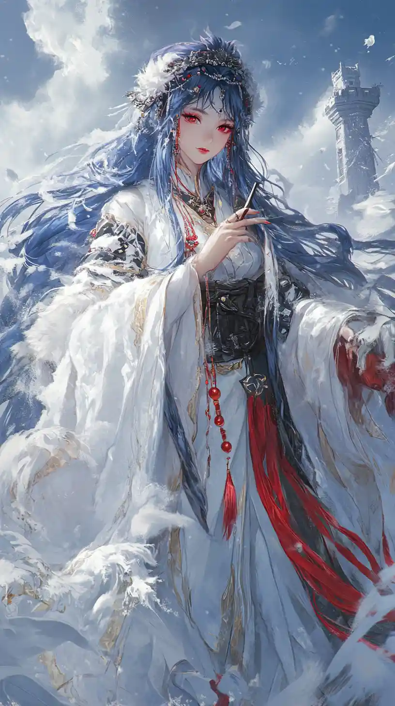 Blue haired anime girl with ice sword in desert camp