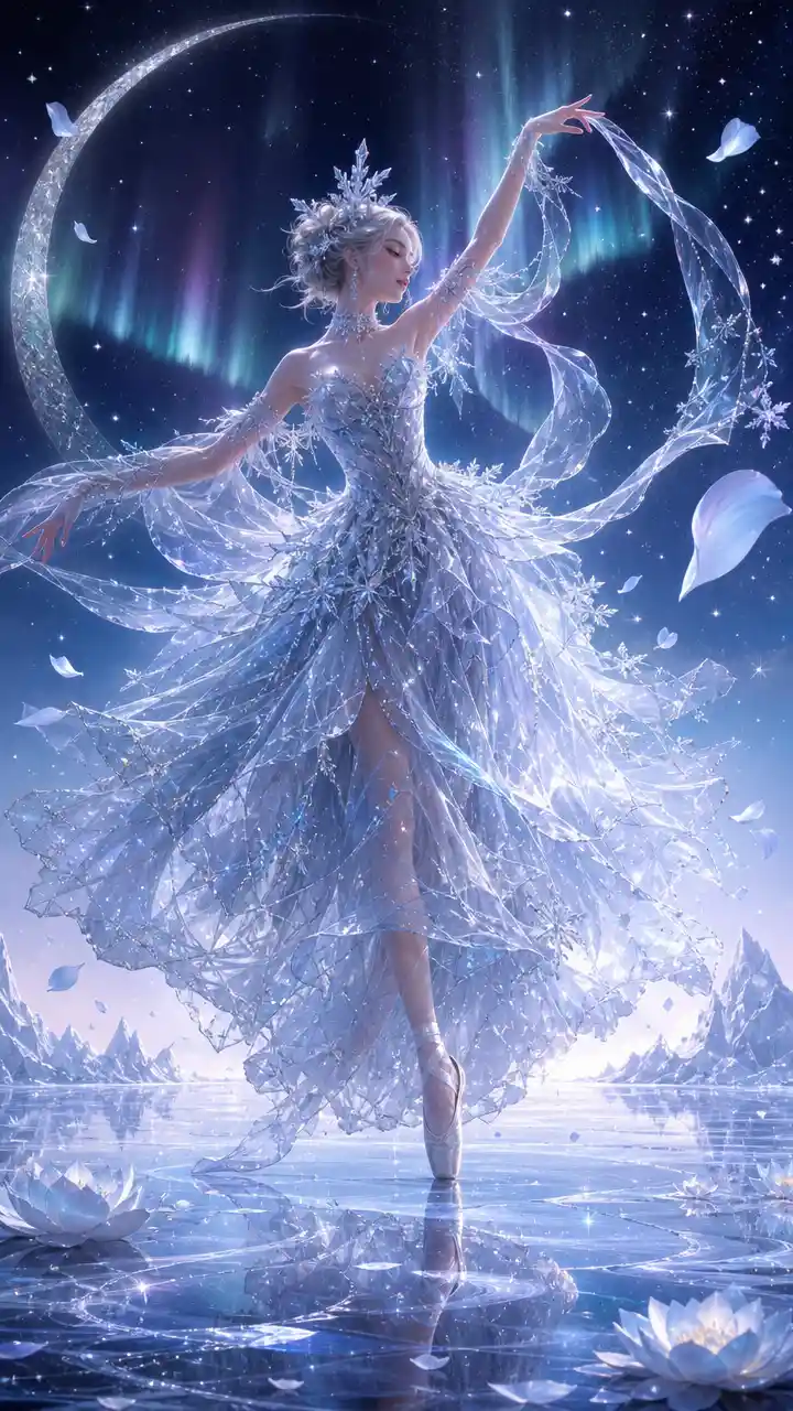 Celestial ballerina on a frozen stage beneath aurora skies