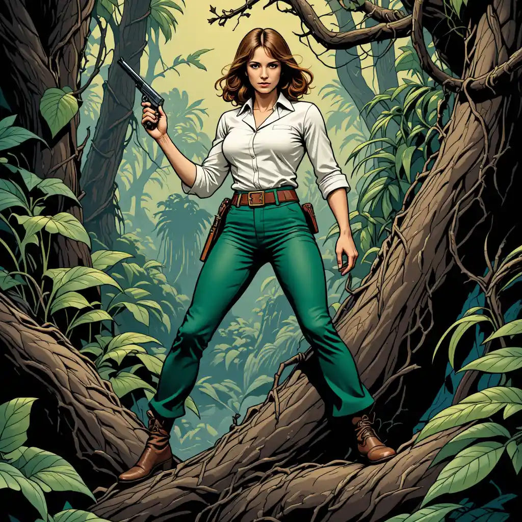 English Adventurer Woman Standing On Vine In Jungle