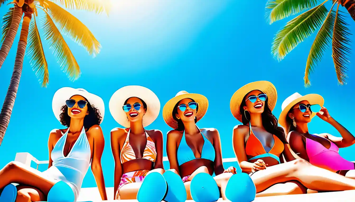 Friends Lounging Poolside In Colorful Summer Resort Style