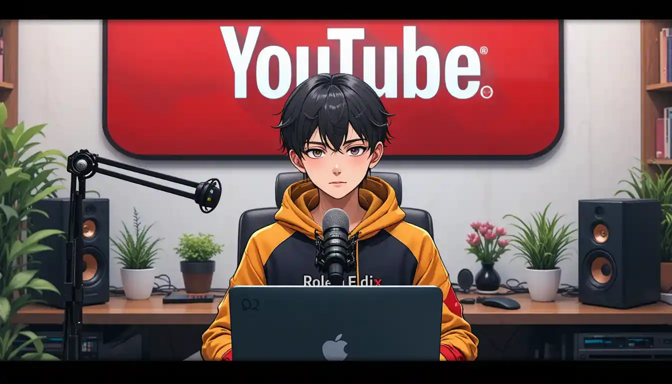 Anime boy streaming at a computer desk with microphone