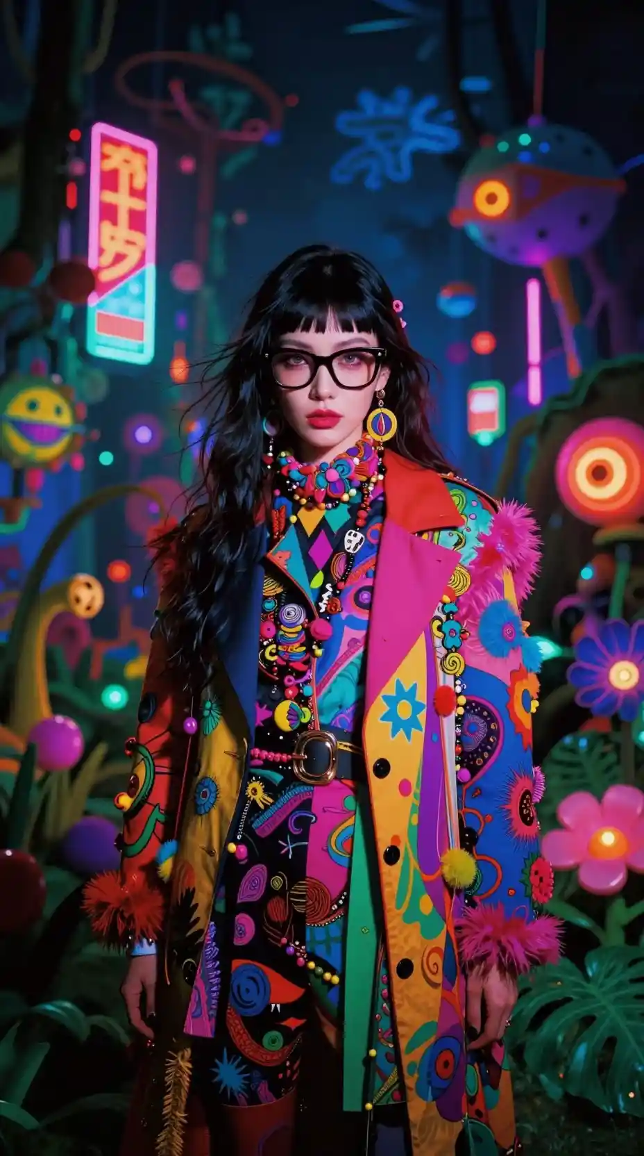 Stylish woman with glasses in a lush surreal dreamscape