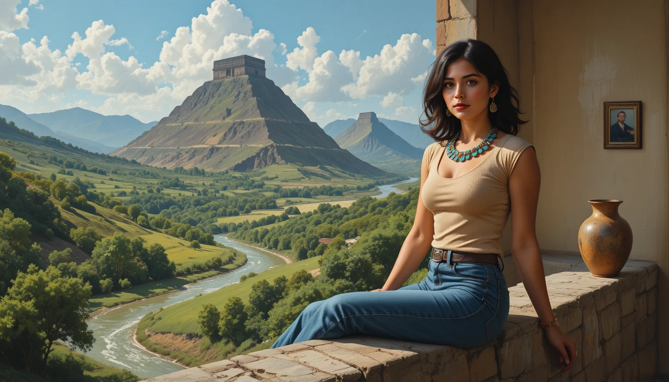 Young woman on stone wall above lush river valley