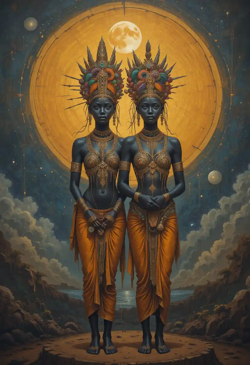 African painting of twin mythological deities of sun and moon