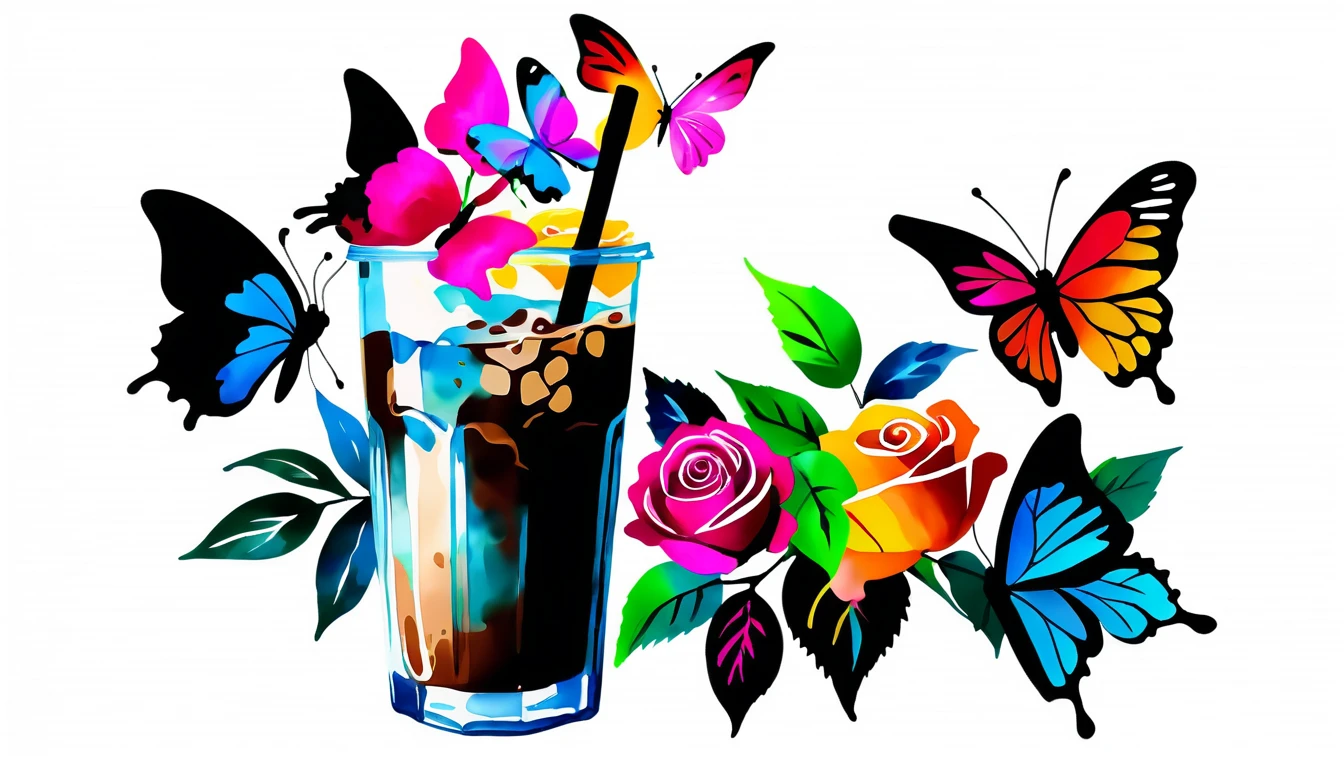 Watercolor Iced Coffee With Pink Roses And Butterflies
