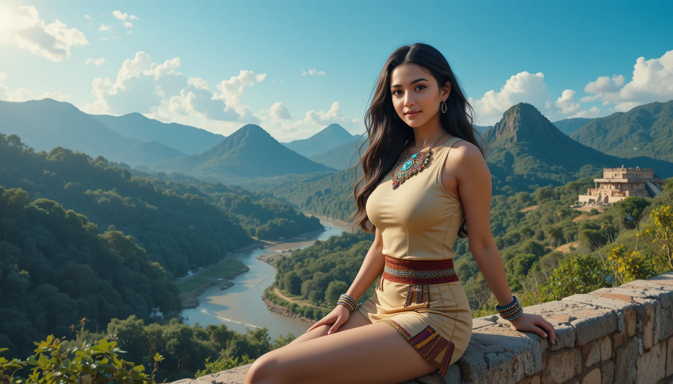 Young woman by stone wall overlooking ancient river valley