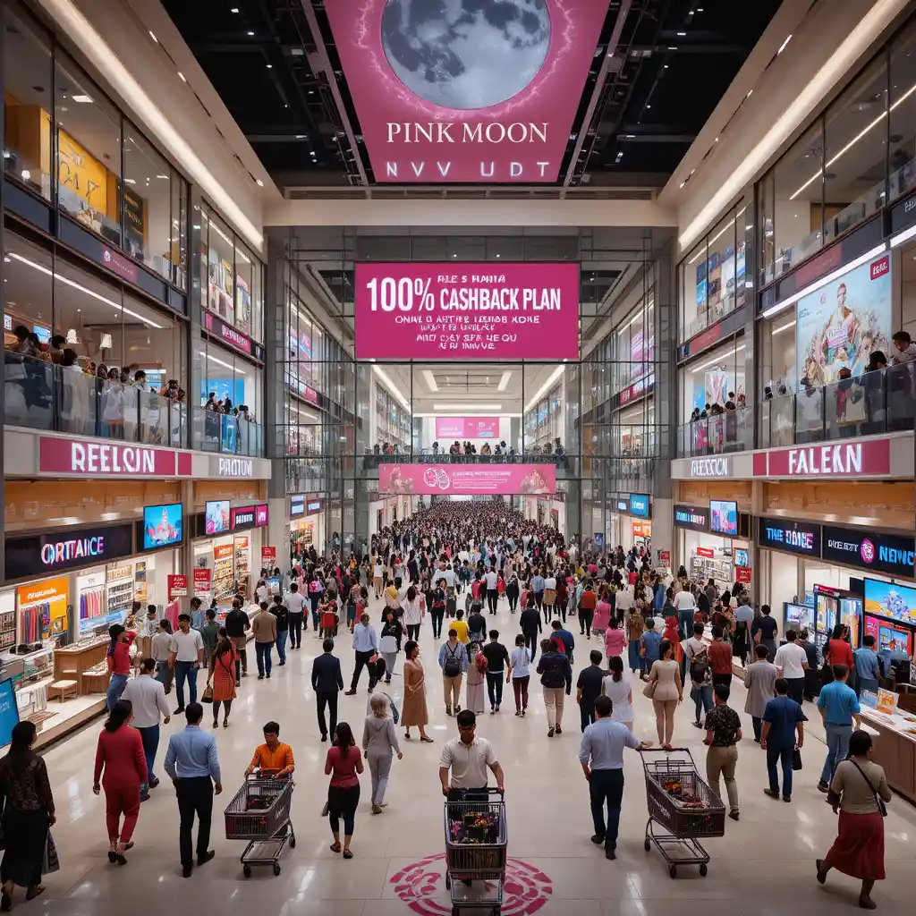 Crowded luxury shopping mall with happy family customers