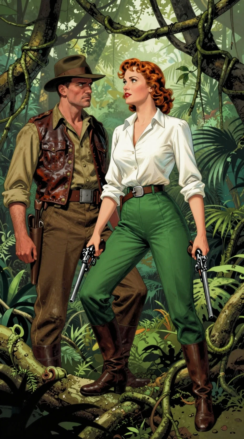 English explorers standing on jungle vine in 1920s adventure