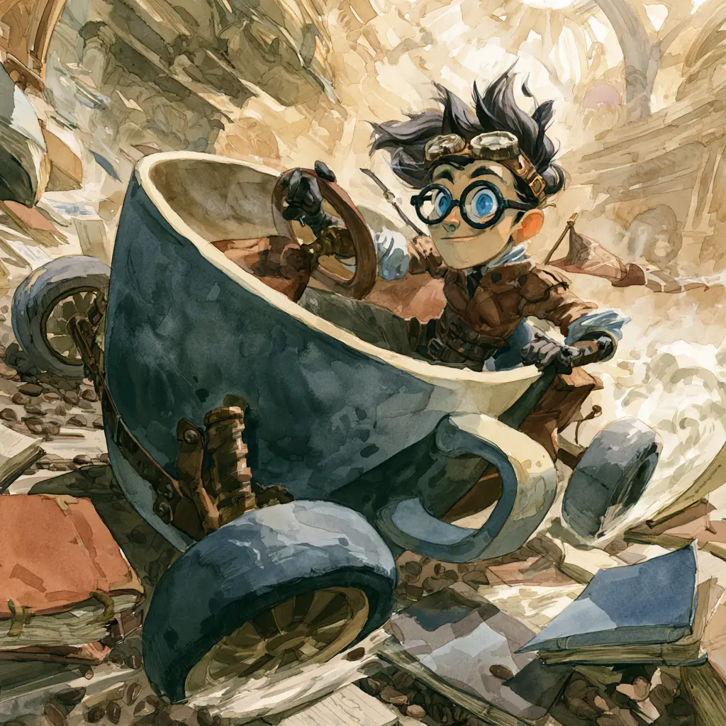 Steampunk woman racing a coffee mug car on book track