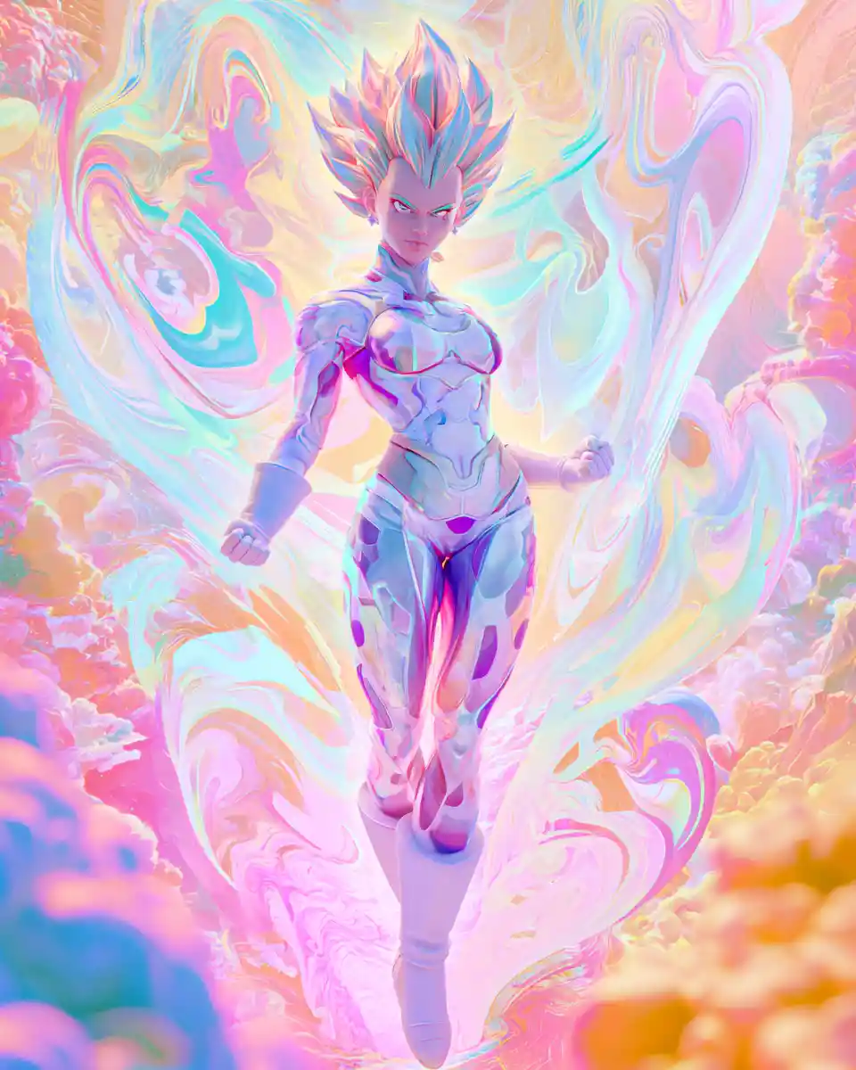 Futuristic warrior maiden in glowing surreal pastel dreamscape