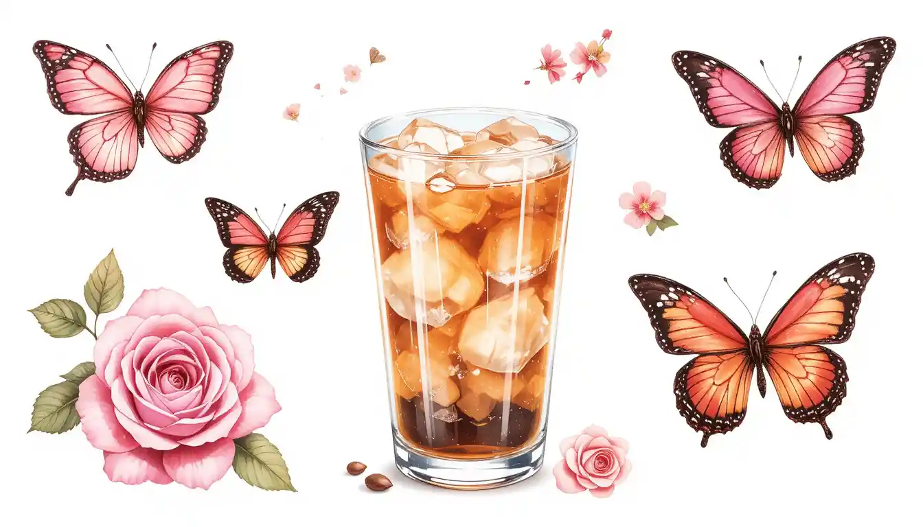 Caffè freddo ad acquerello con rose rosa e farfalle