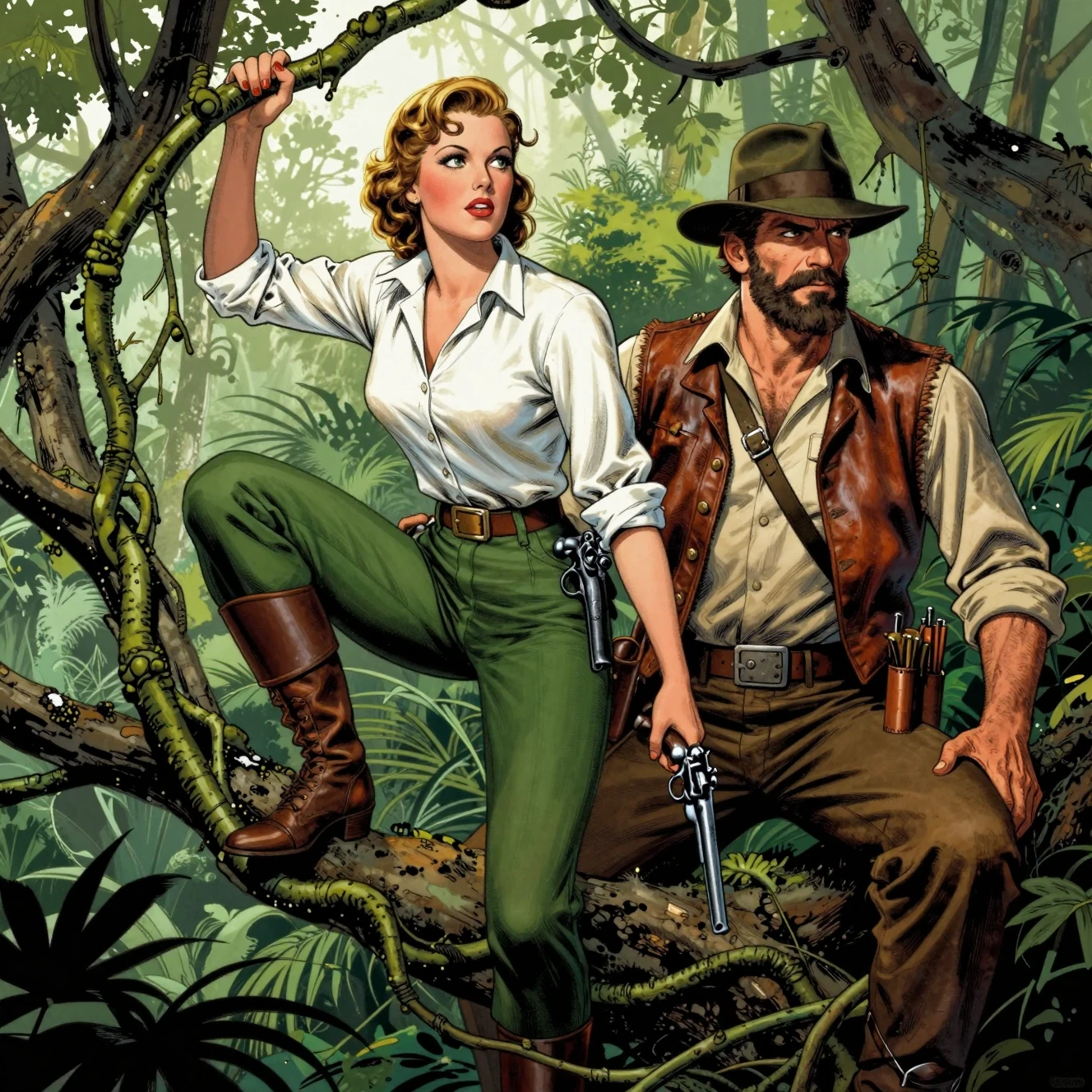 Adventurous duo on jungle vine in vintage pulp style