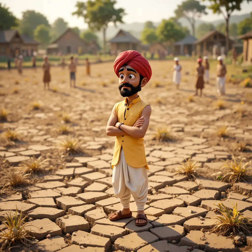 Worried farmers on dry cracked farmland under harsh sunlight