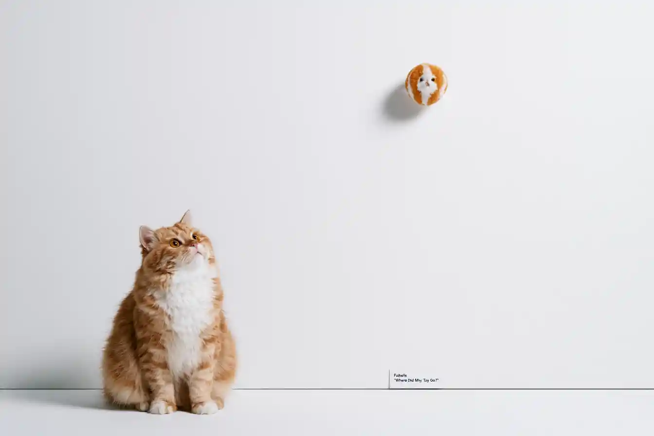 Fluffy orange cat staring up at its taped plush toy