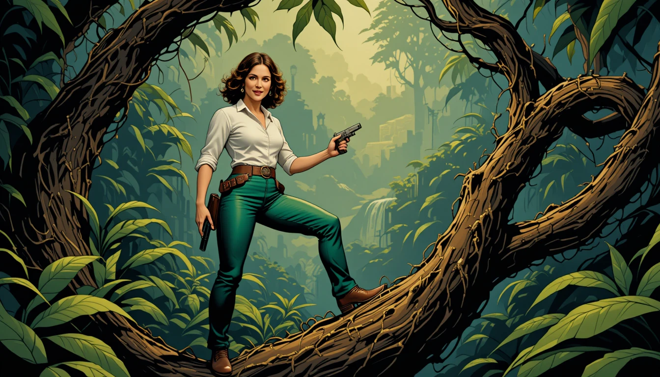English adventurer woman standing on vine in dense jungle