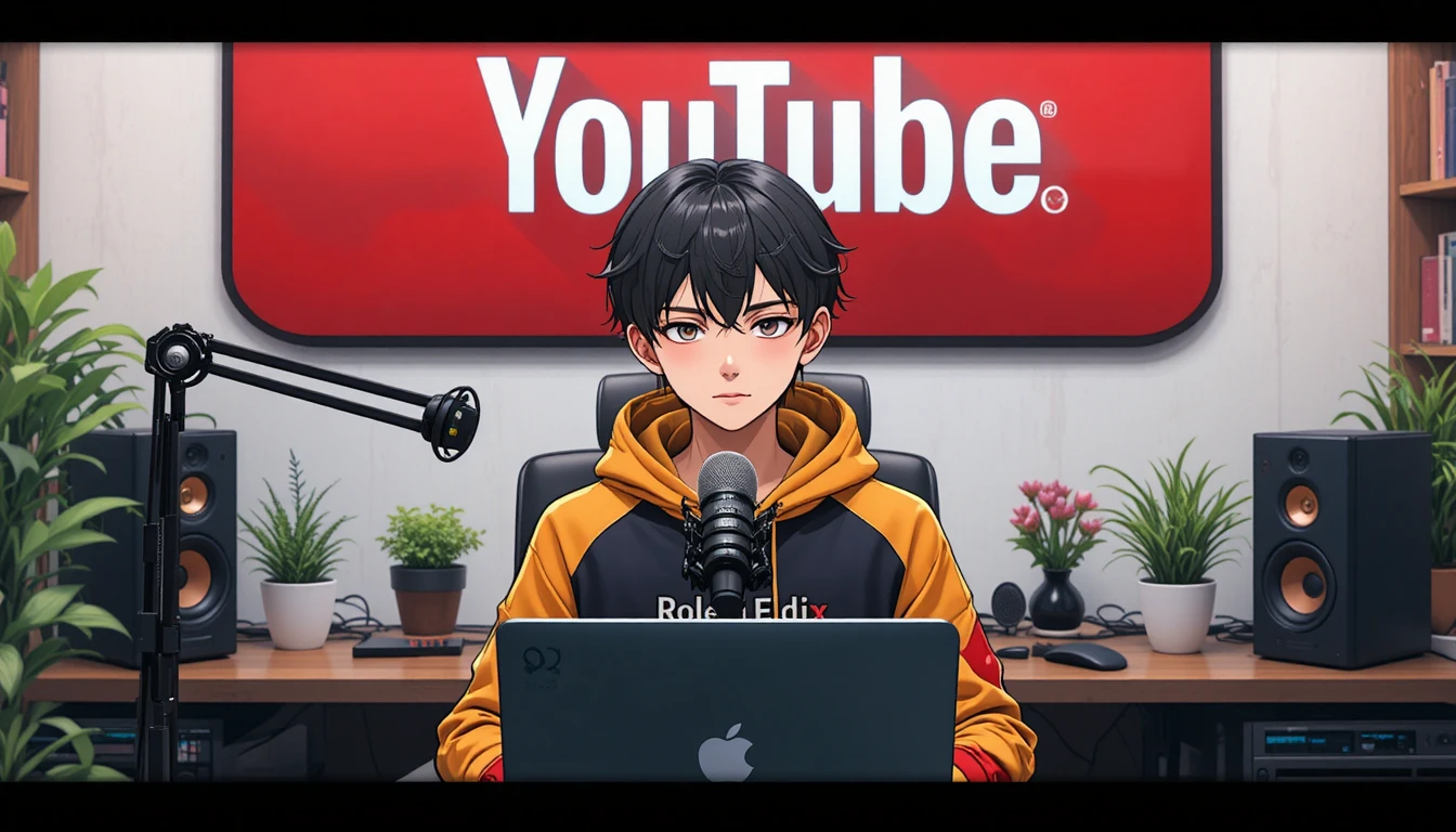 Anime boy streaming at a computer desk with microphone