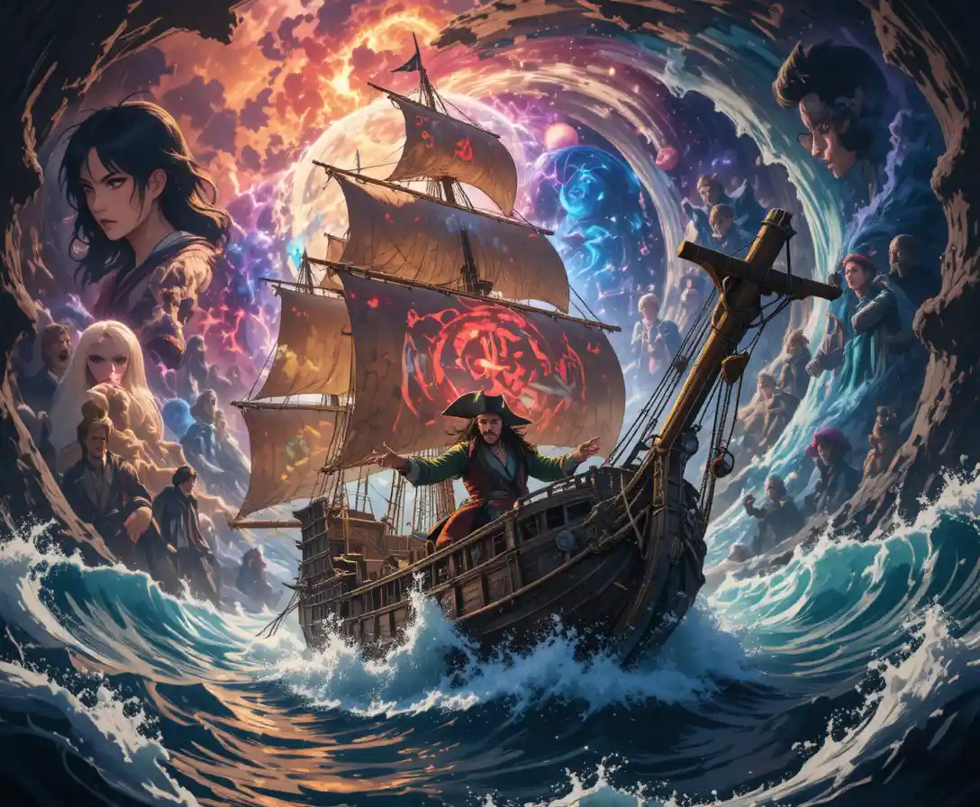 Sailing ship battles a swirling multiverse vortex in chaos
