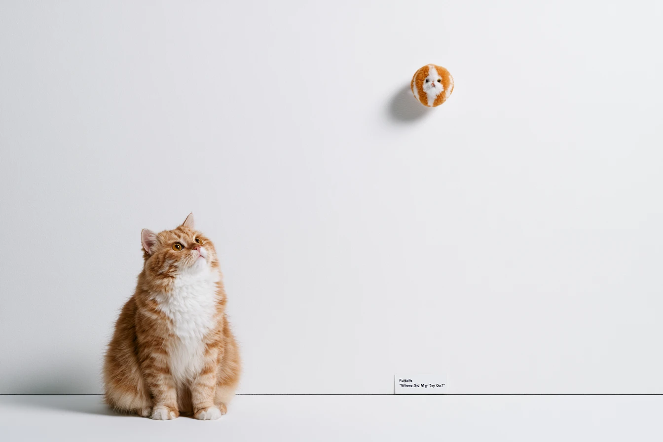 Fluffy orange cat staring up at its taped plush toy