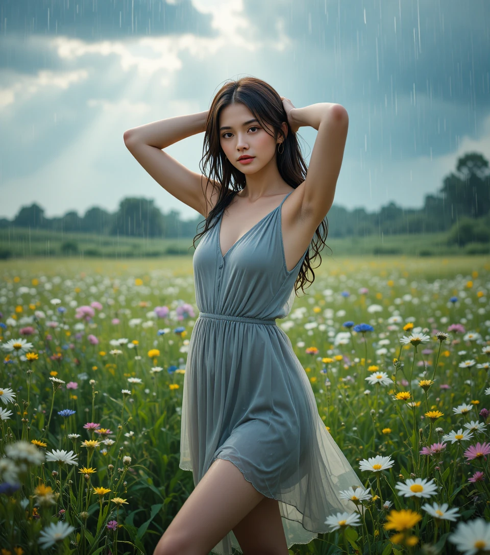 Young woman standing in rain soaked wildflower meadow