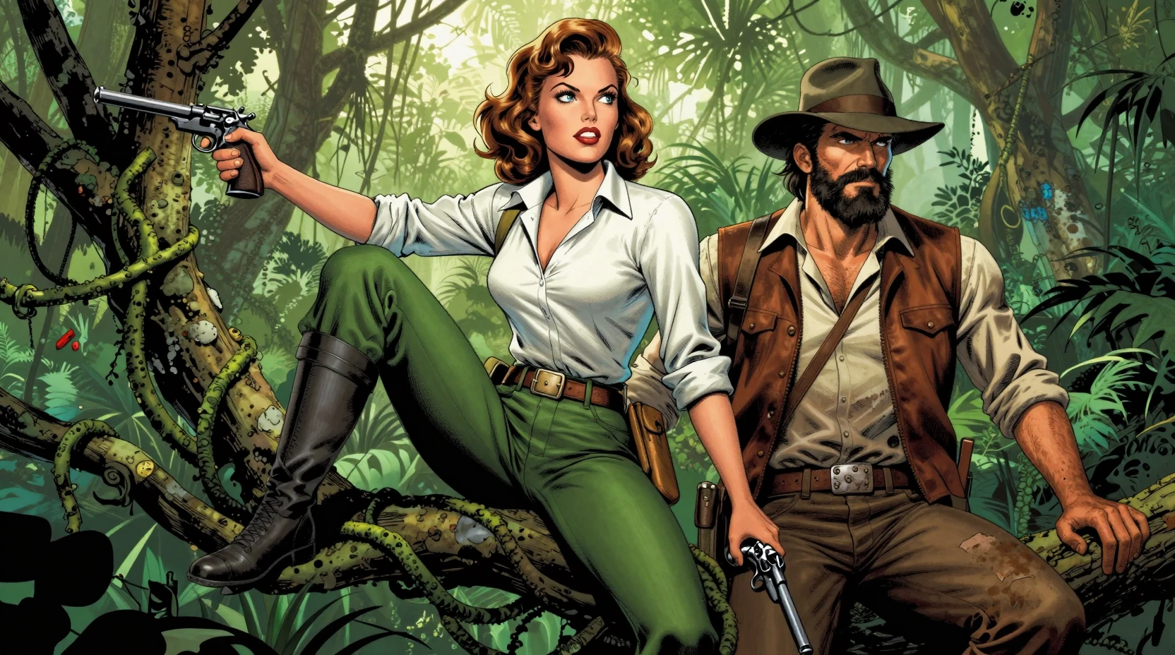 Heroic adventurers in a perilous jungle vine standoff