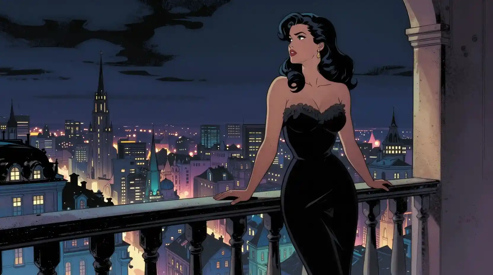 Elegant woman on moonlit balcony above enchanted city