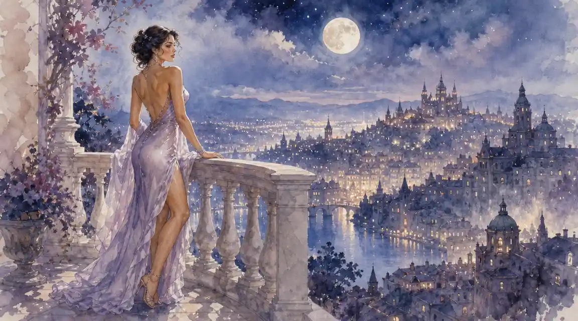 Elegant woman on a moonlit balcony over fantasy city