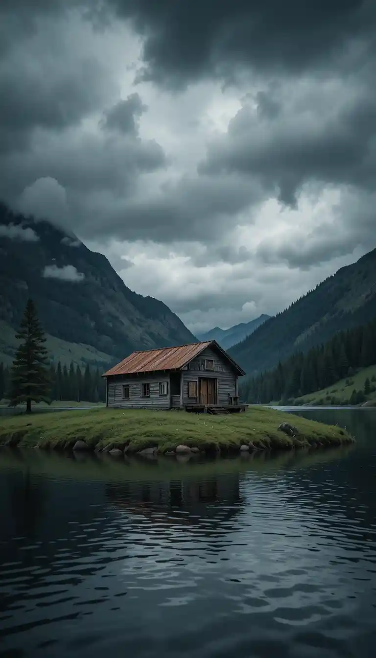Rustic lakeside cabin under dark stormy clouds