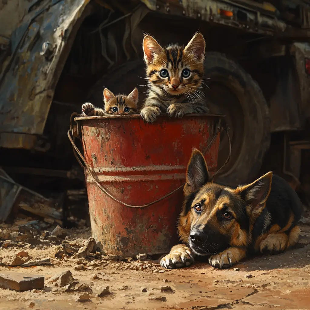 Mother cat and kittens sheltering inside an old red bucket