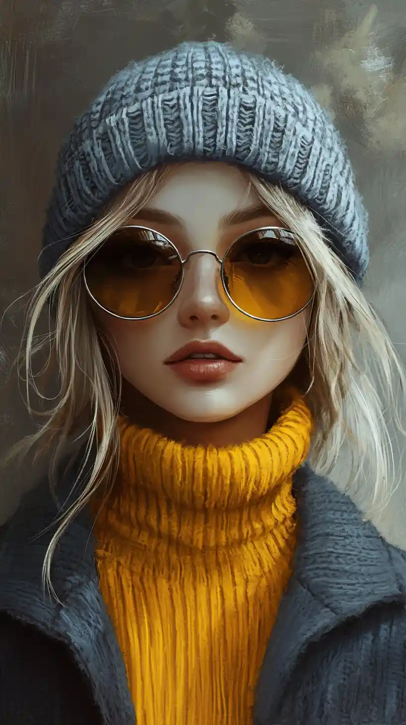 Anime girl in yellow sweater with round sunglasses portrait