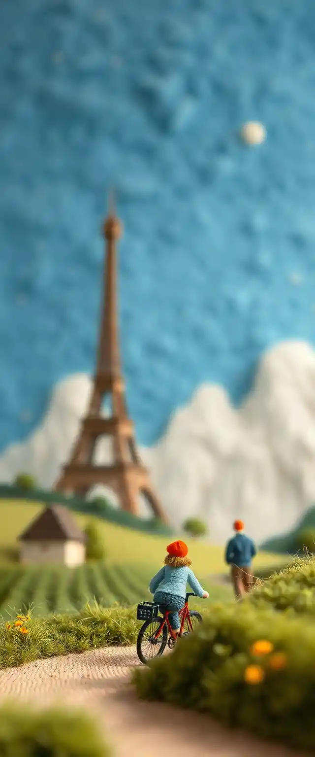 Miniature 3D cyclists touring through a soft plush countryside