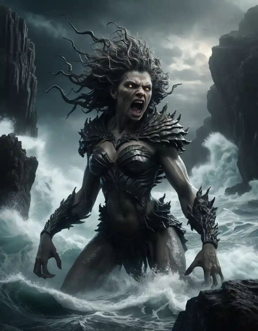 Mythic sea monster rising from stormy jagged cliffs