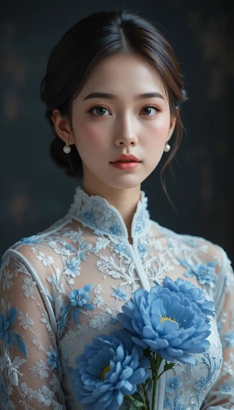 Elegant Asian woman in lace dress holding blue flowers