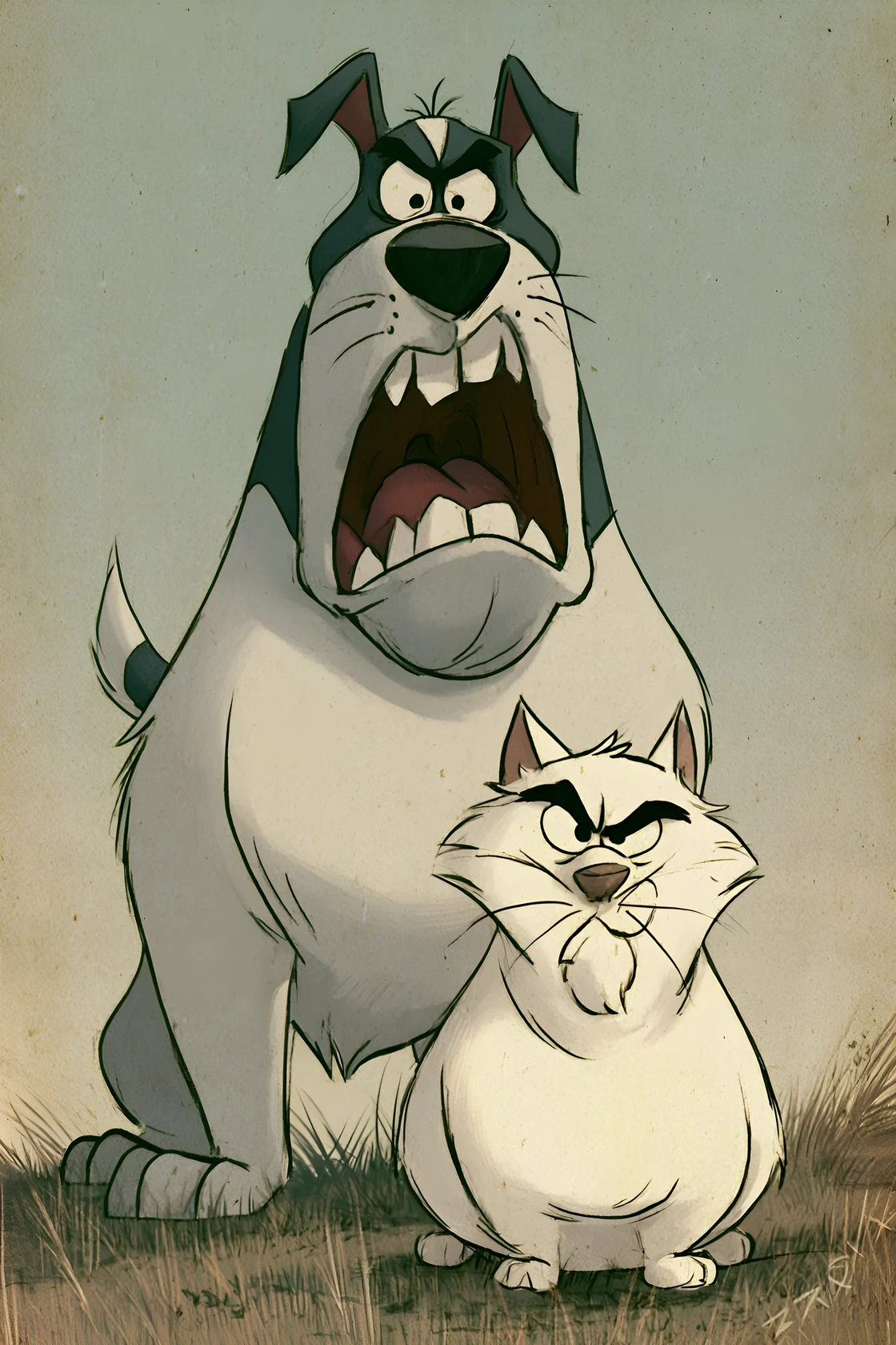 Cartoon dog chasing white cat in vintage film style