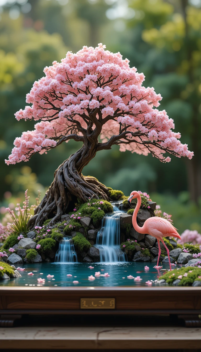 Cherry blossom bonsai garden with flamingos and waterfall