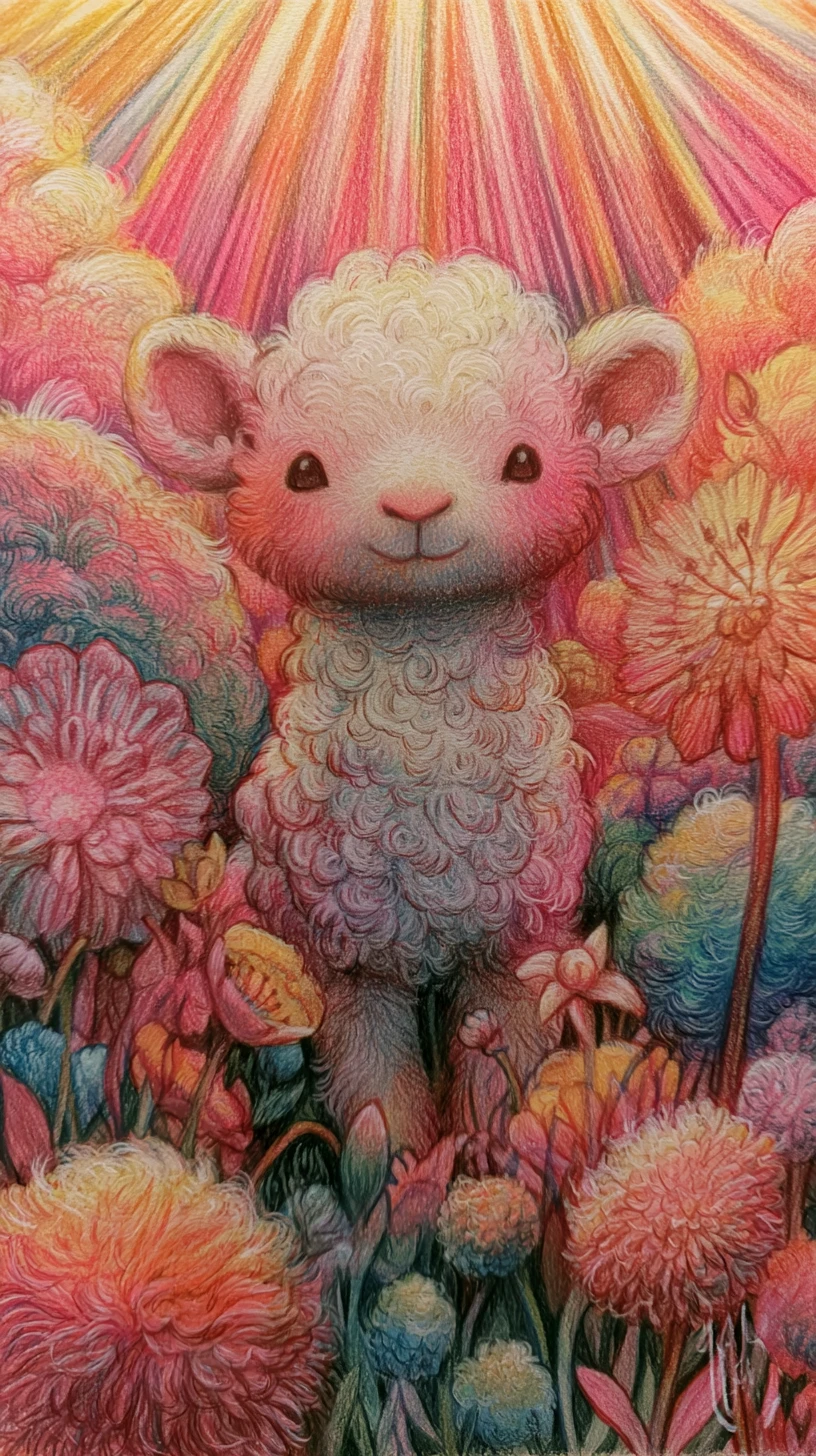 Fluffy sheep in a dreamy fantasy meadow with sunlight