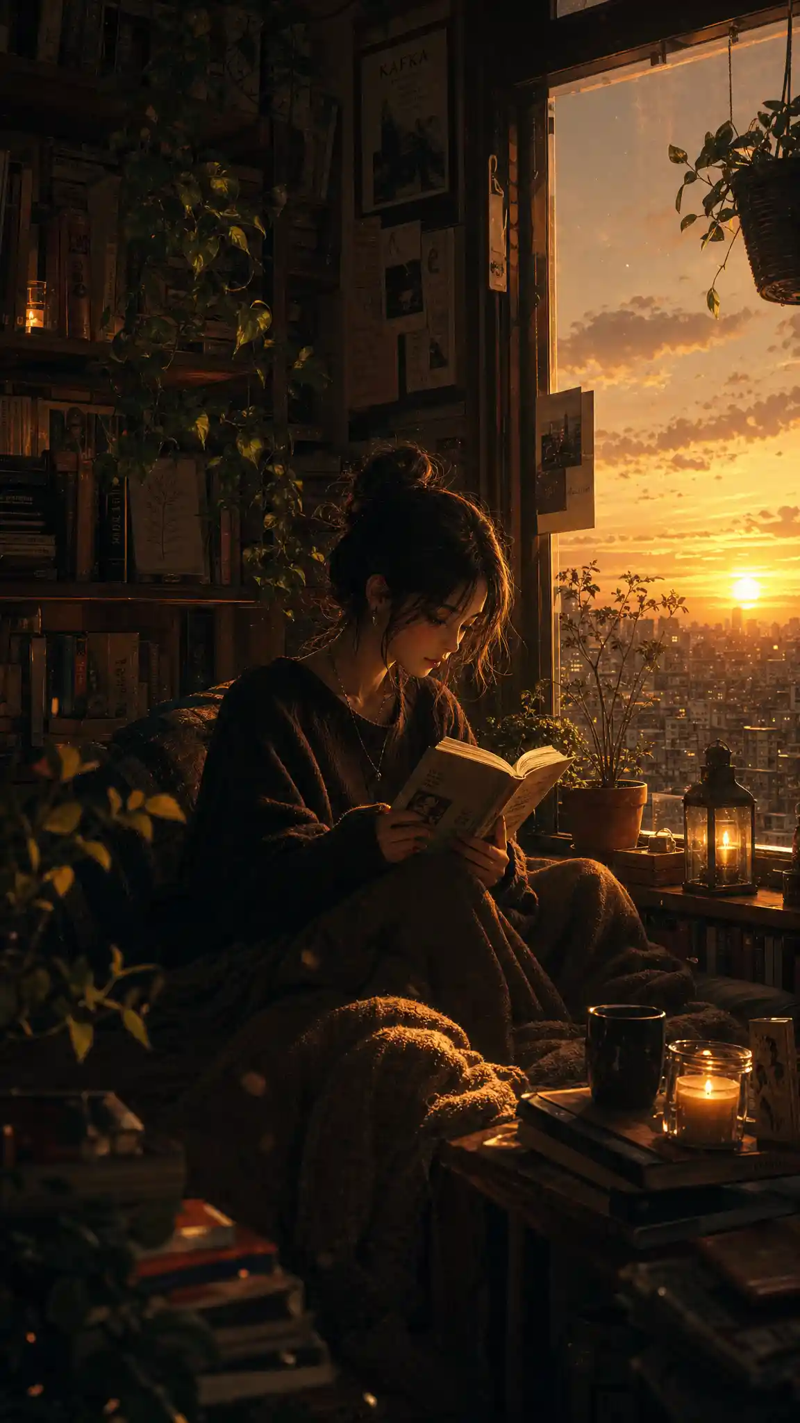 Girl reading by window in warm twilight room
