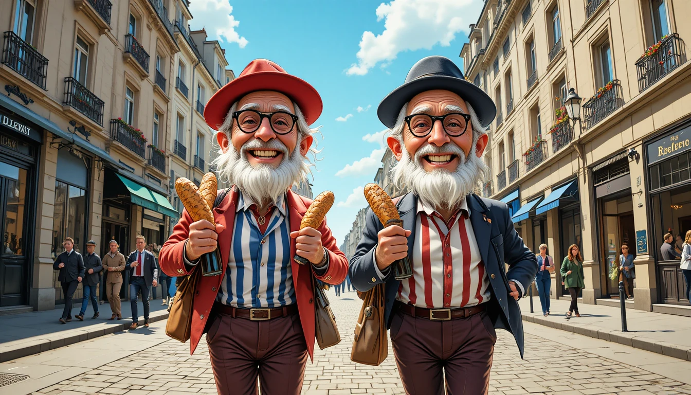 Cheerful elderly men walking on a sunny Parisian sidewalk
