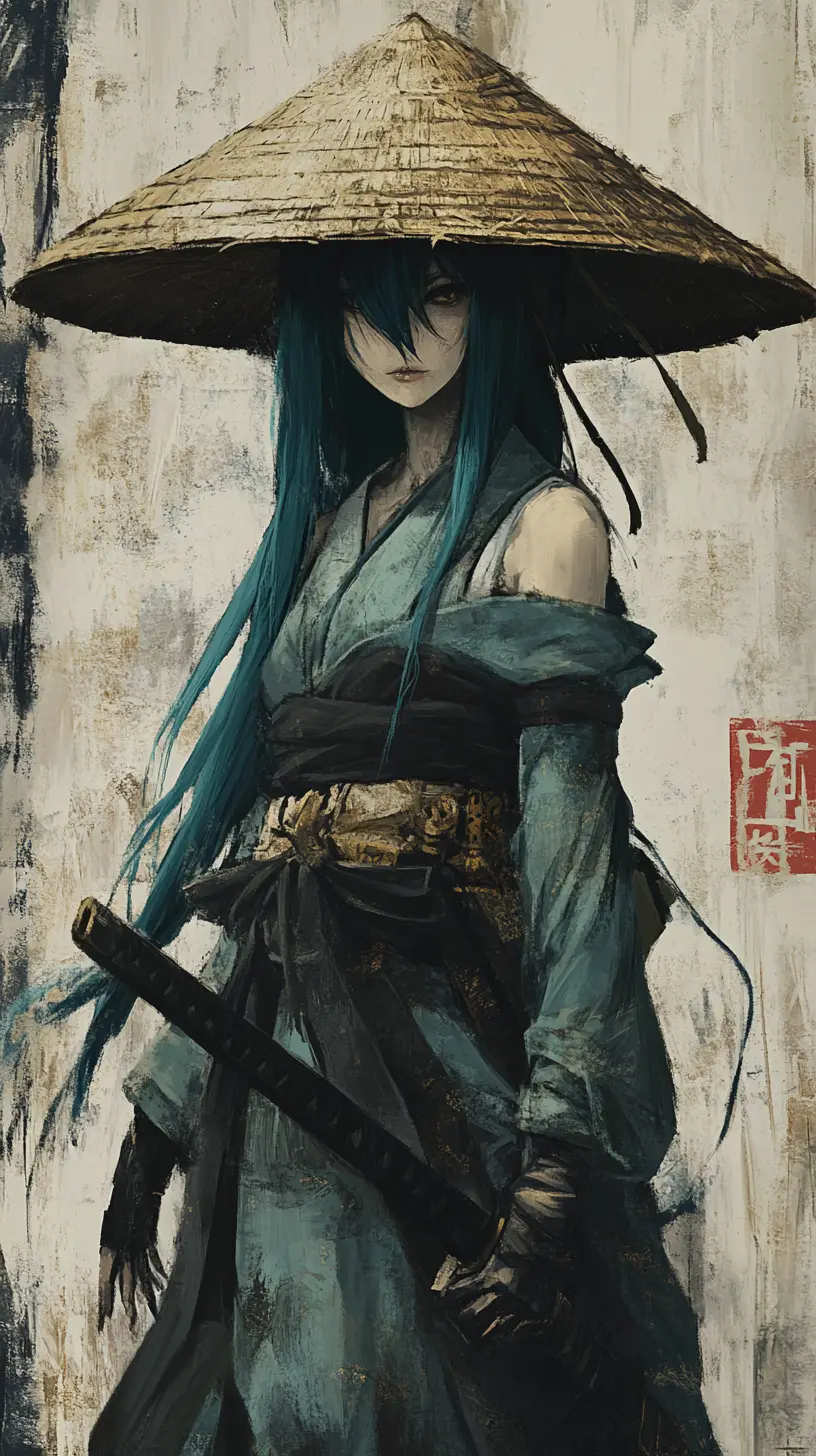 Somber warrior woman in indigo kimono and kasa hat