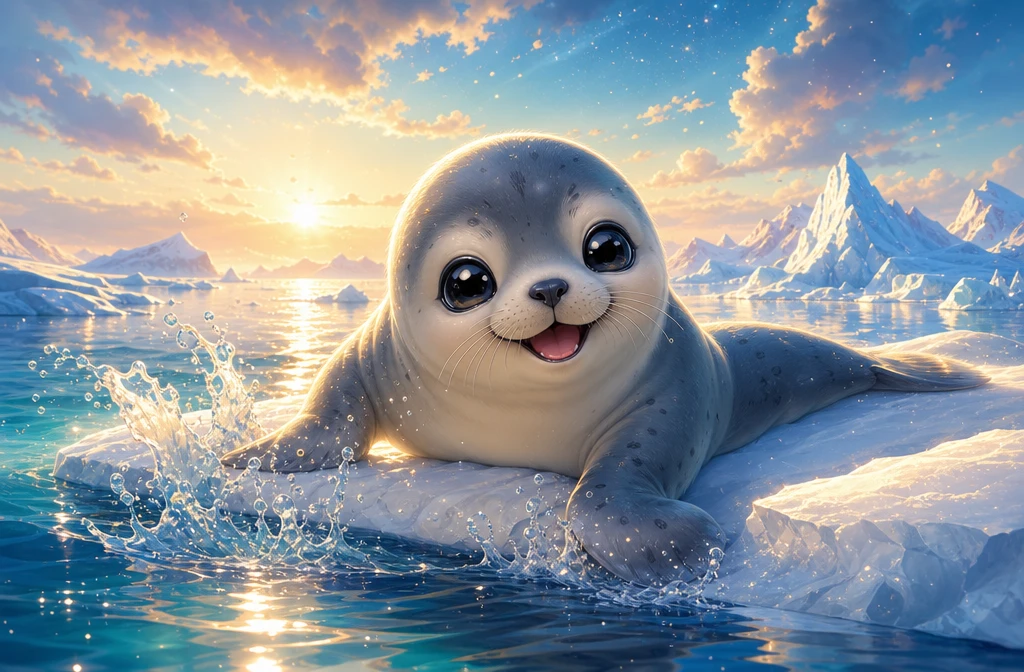 Joyful baby seal on sunny ice floe in pixar style