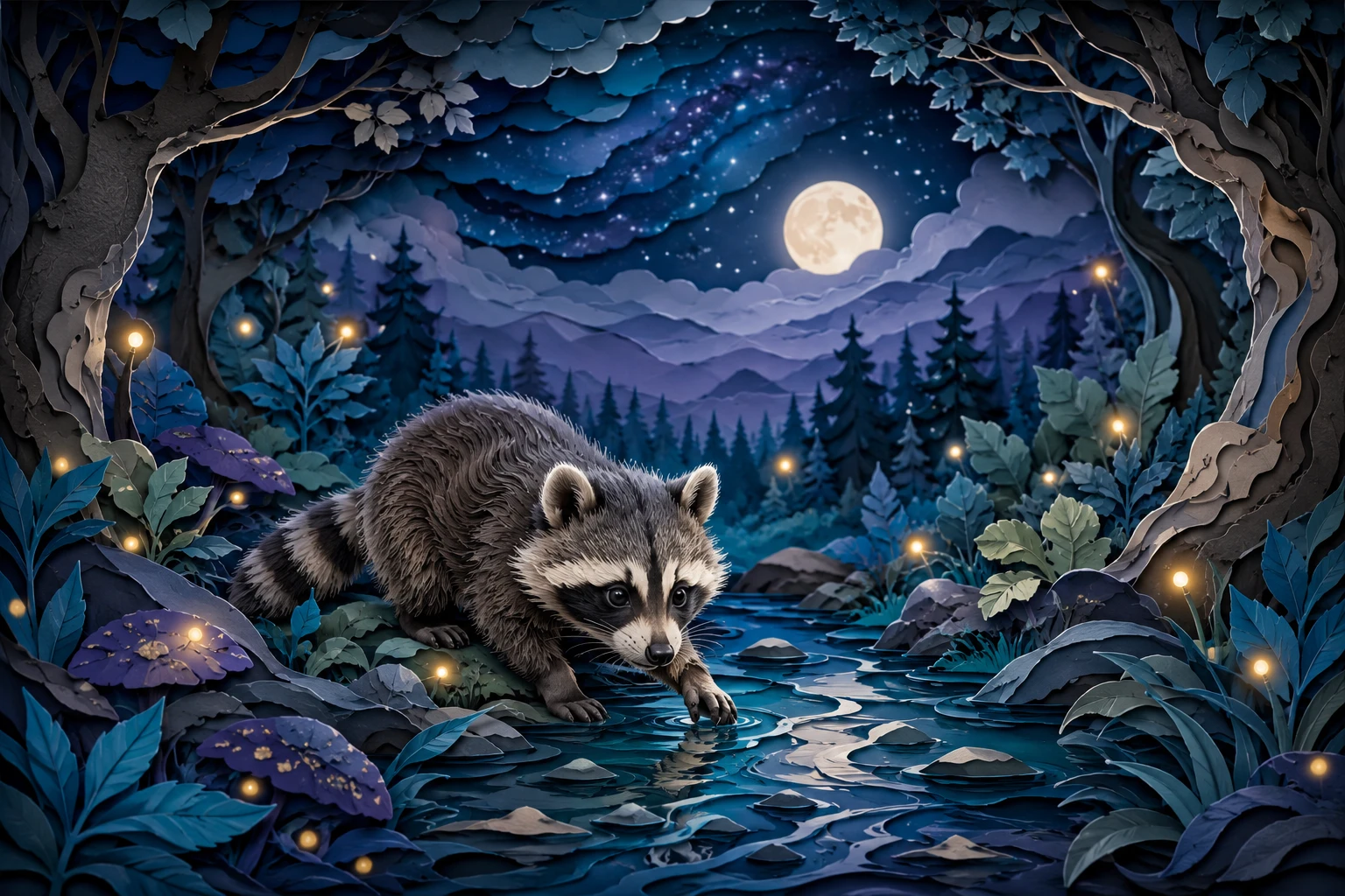 Baby raccoon exploring a forest stream with glowing fireflies