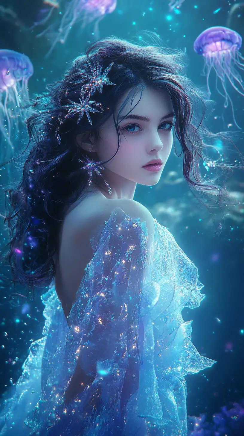 Ethereal girl in glowing gown among underwater ruins