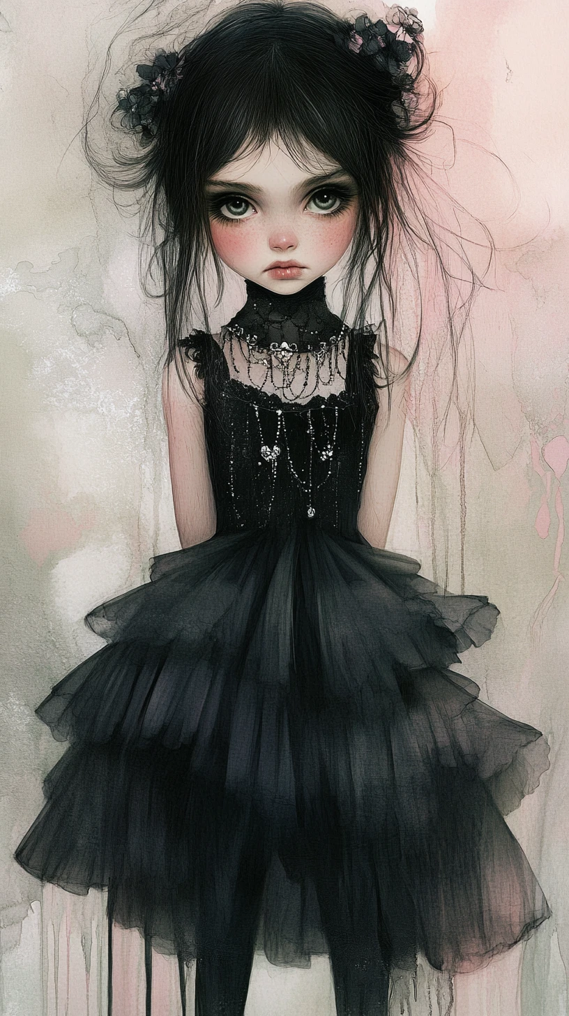 Gothic girl in black tulle against soft watercolor background