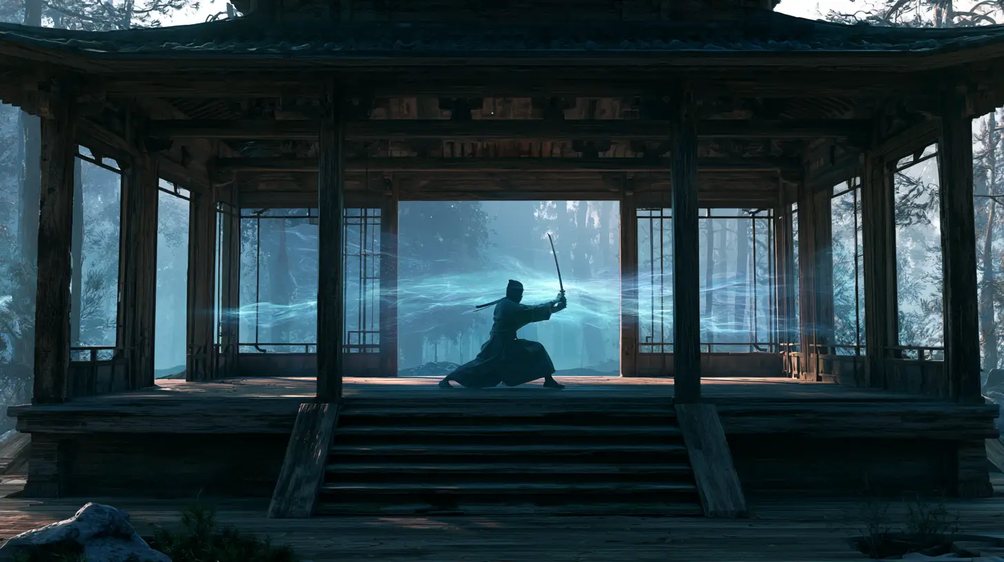 Martial artist training with katana beside rustic wooden pavilion