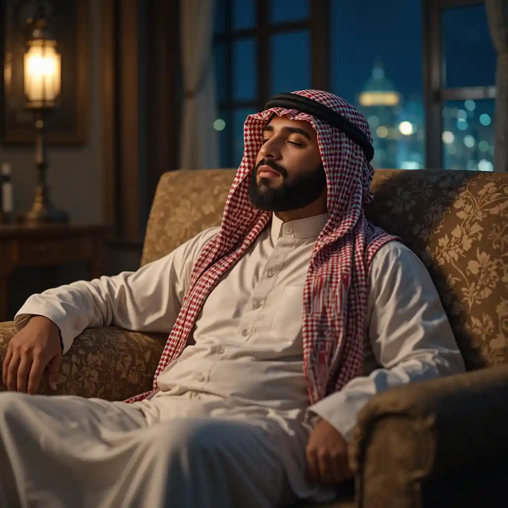 Middle Eastern man relaxing on sofa at night