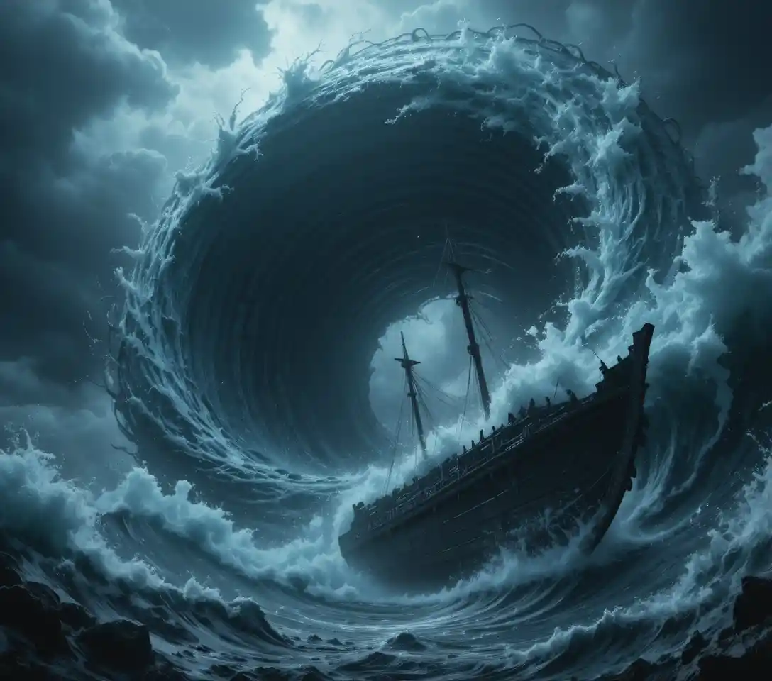 Colossal sea vortex monster rising from stormy ocean