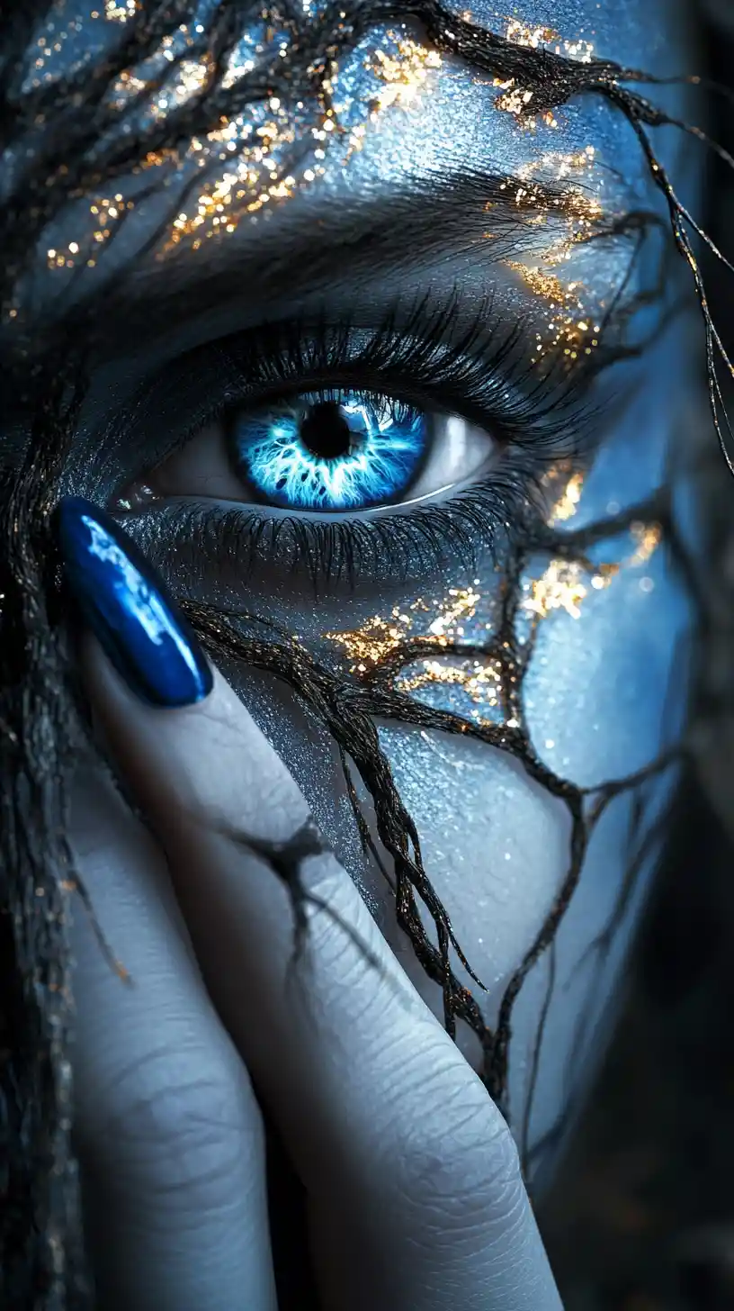 Mystical blue eye close up with gold and dark patterns